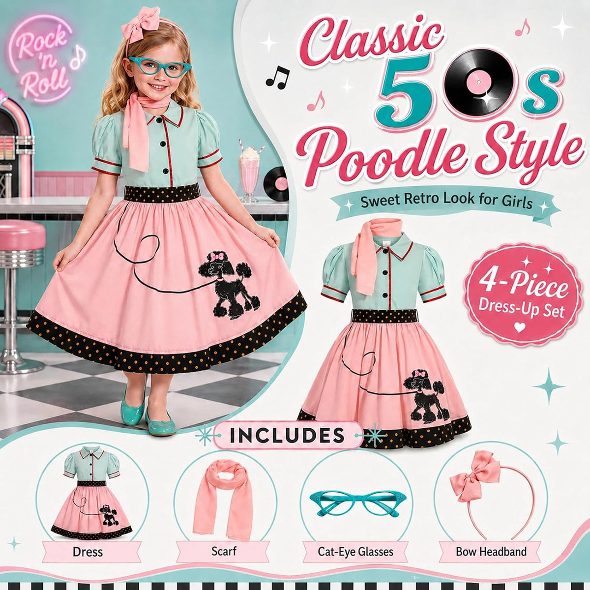 SIZGAROOT 50s Outfit for Girls 50s Costume Girls Poodle Skirt Halloween Party Dress Up