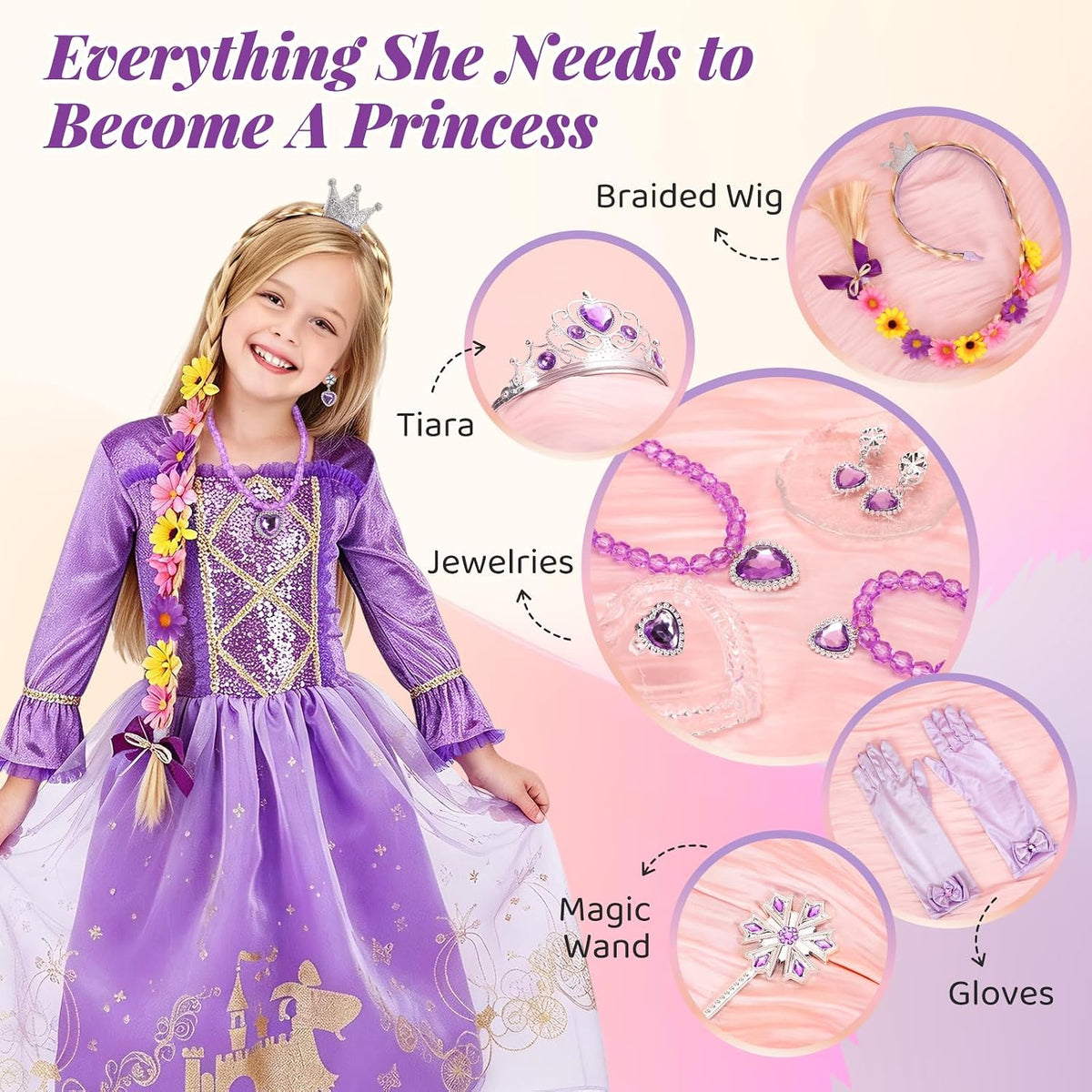 Meland Princess Dress Up Clothes for Girls 3-10, Purple Pretend Play Costume with Jewelry for Birthday Halloween Party Outfit