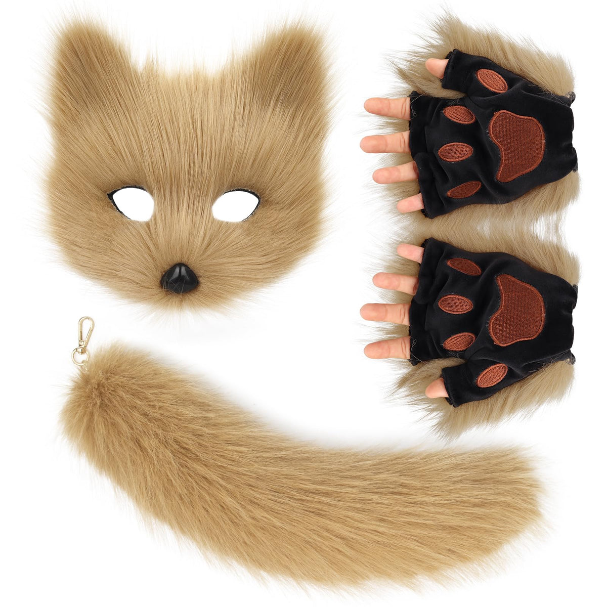 COSYEARS Cat Fox Mask Tail and Paws Gloves Set Furry Animal Therian Kit Masquerade Halloween Costume Accessory