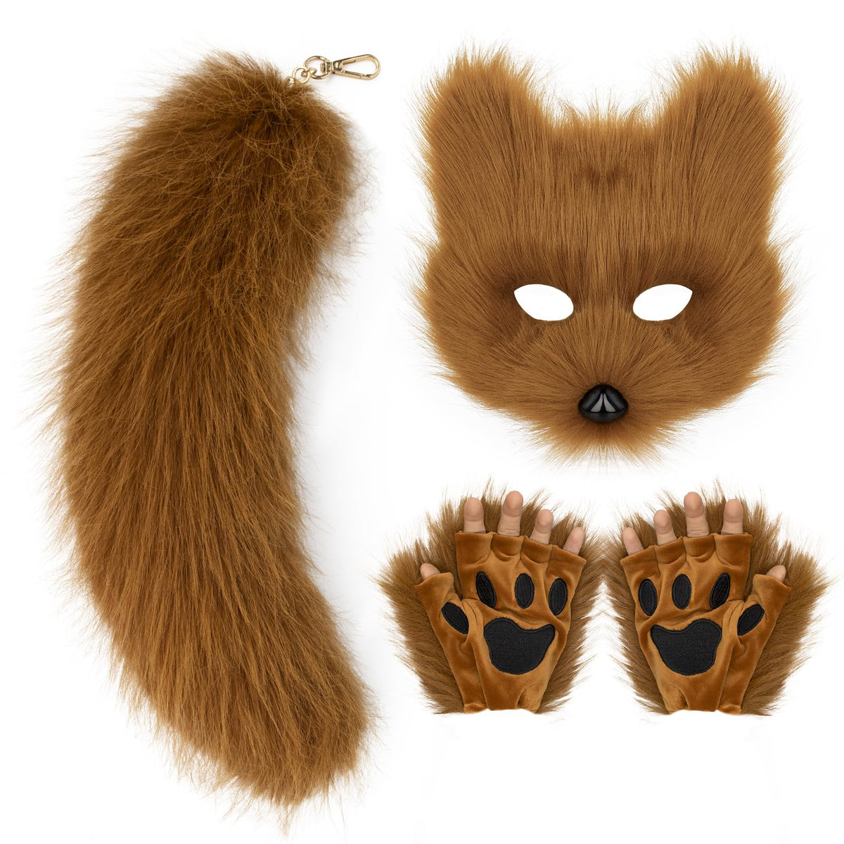 COSYEARS Cat Fox Mask Tail and Paws Gloves Set Furry Animal Therian Kit Masquerade Halloween Costume Accessory