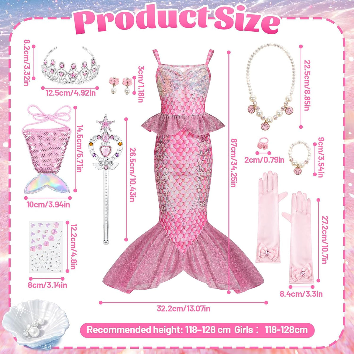 10Pcs Little Mermaid Dress‑Up Costume for Girls, Sparkly Mermaid Tail Dress with Mini Purse Jewelries Face Stickers Crown Wand & Gloves Princess Outfit Birthday & Halloween Cosplay Gift for Kids 3‑12