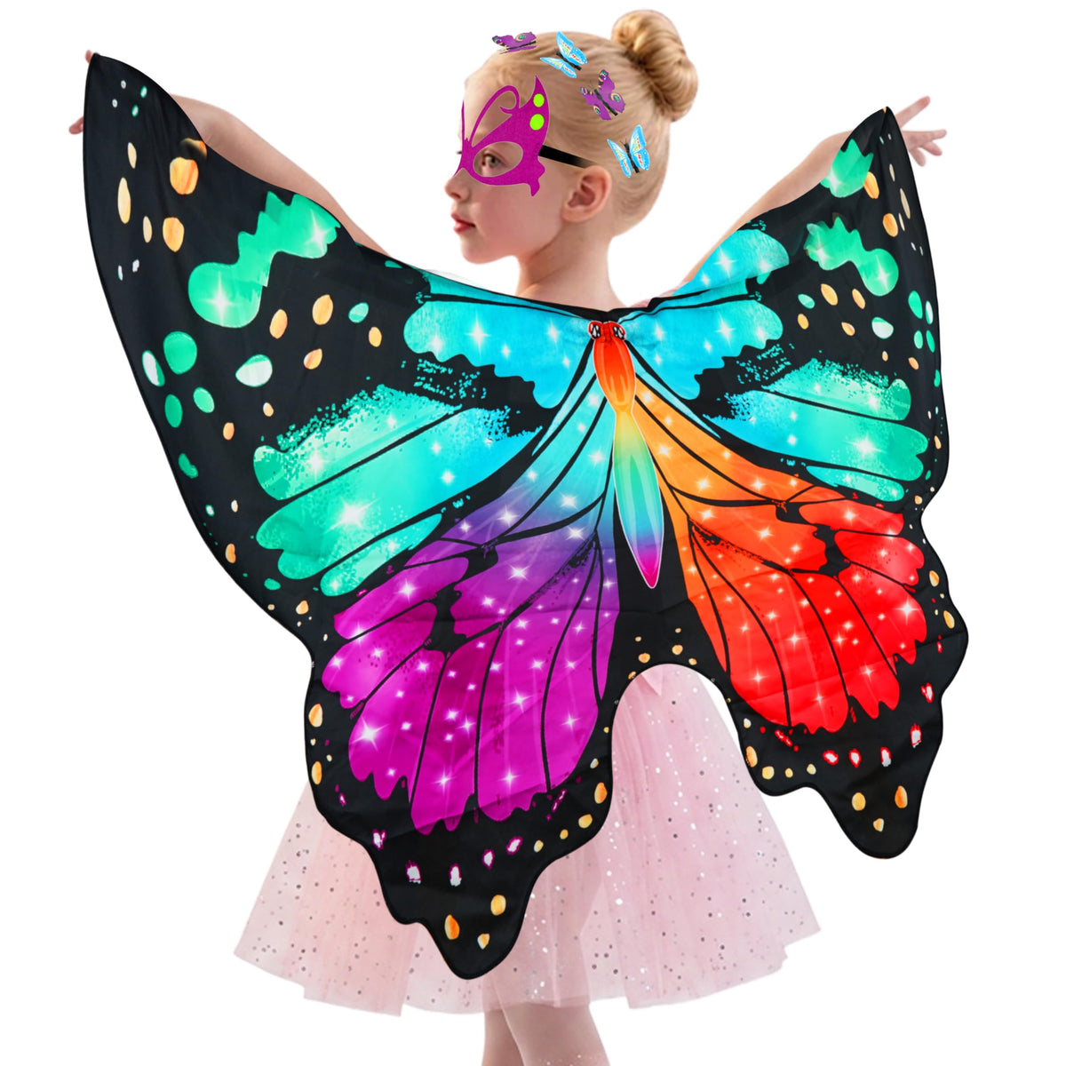 Sunlisky Kids Butterfly Wings Costume for Girls Fairy Wings Dress Up Clothes Headband Mask for Halloween Party Favors