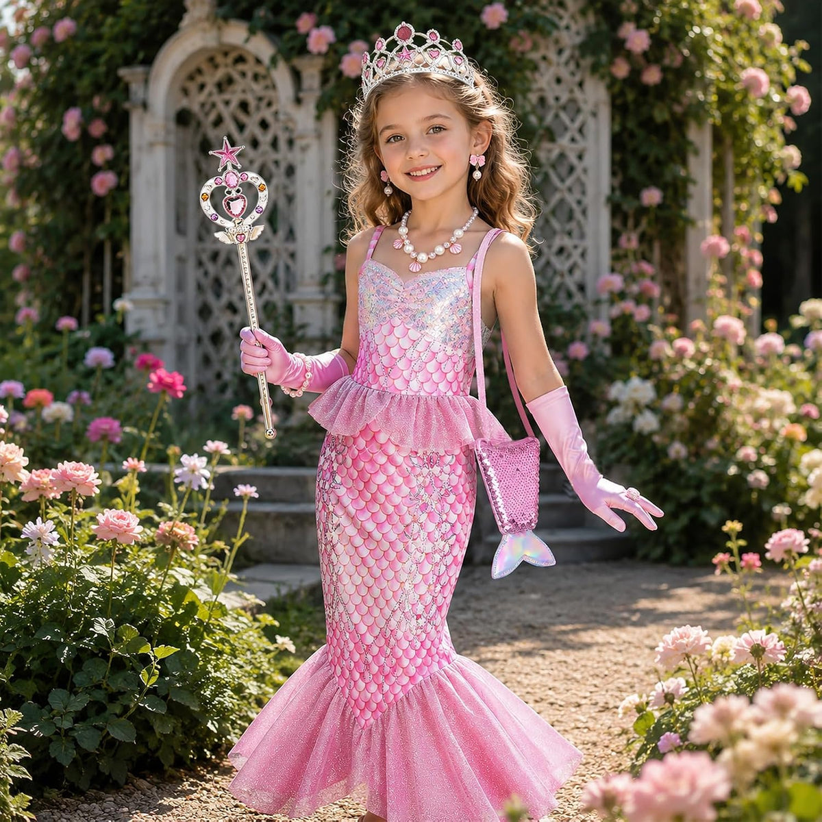 10Pcs Little Mermaid Dress‑Up Costume for Girls, Sparkly Mermaid Tail Dress with Mini Purse Jewelries Face Stickers Crown Wand & Gloves Princess Outfit Birthday & Halloween Cosplay Gift for Kids 3‑12