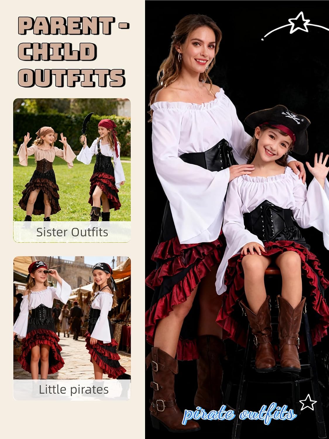 Verceco Kids Pirate Costumes Pirate Dress Up for Girl Fairy Medieval Renaissance Outfits for Girls Waist Belt & Headscarf