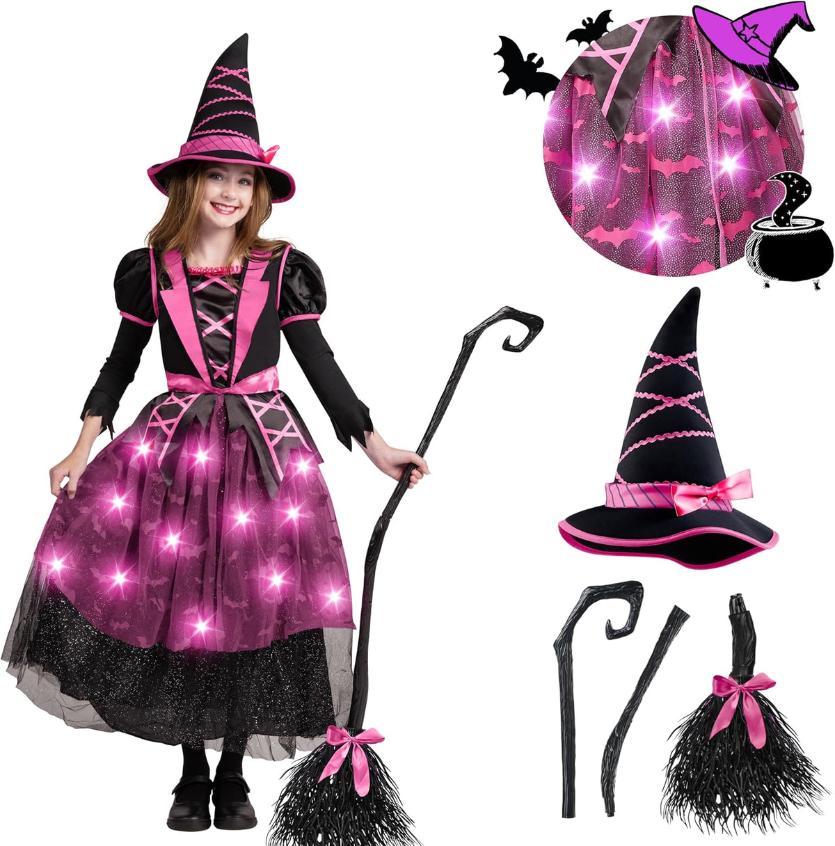 Spooktacular Creations Halloween Witch Costume Kids, Light Up Witch Dress with Hat and Broom for Girls, Toddlers Bat Outfit Set for Halloween Costumes Role Play Parties, Pink (Medium(8-10 yrs))