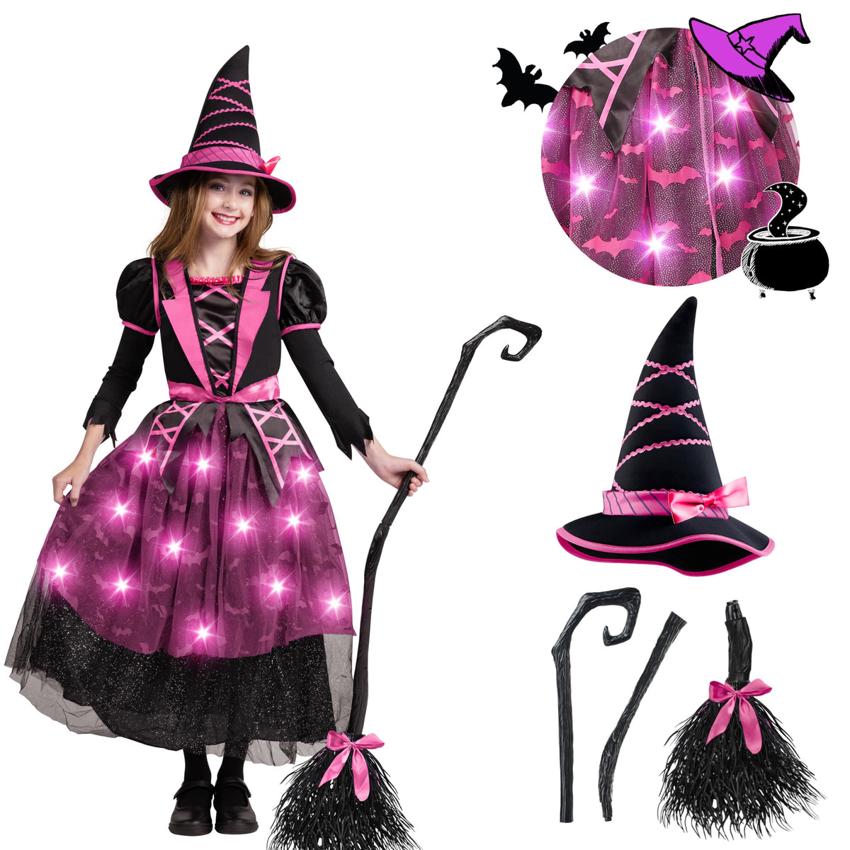 Spooktacular Creations Halloween Witch Costume Kids, Light Up Witch Dress with Hat and Broom for Girls, Toddlers Bat Outfit Set for Halloween Costumes Role Play Parties, Pink (Medium(8-10 yrs))