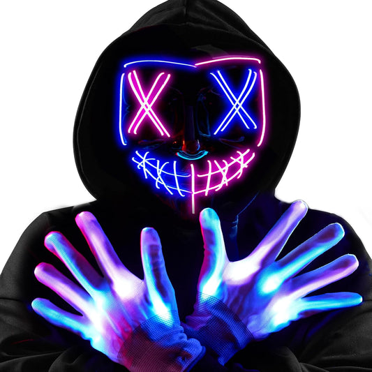 JOYIN Halloween Led Mask, Light Up Mask and Gloves for Cosplay Costume (Pink & Blue), 3 Modes Scary Glow in The Dark Masks for Halloween Party Dress Up Accessories, Gifts Giving
