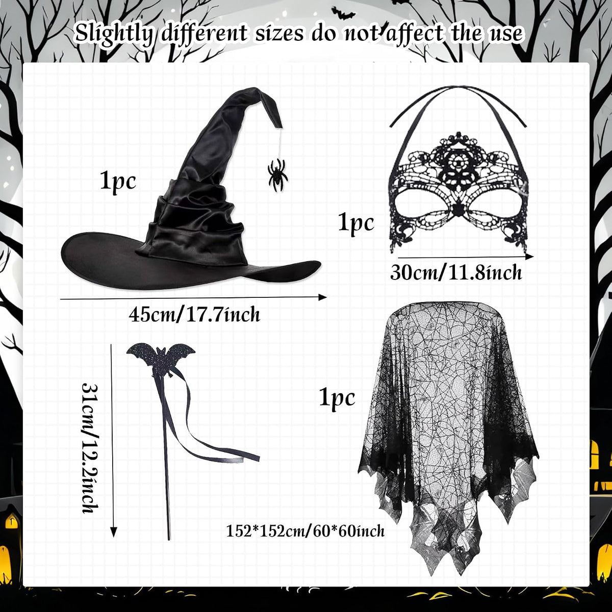 LaVenty Halloween Witch Dress Up Cobweb Cape Witch Magic Hat
