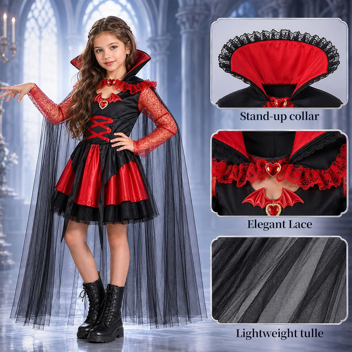 Latocos Halloween Vampire Costume for Girls, Gothic Vampire Dress with Cape