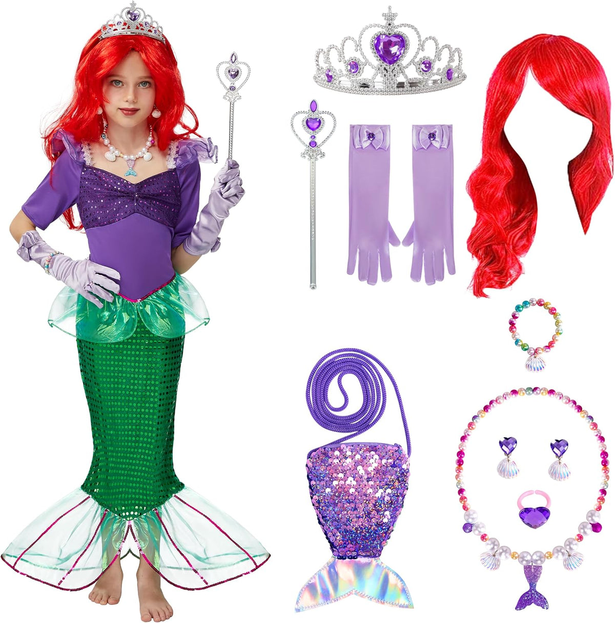 Spooktacular Creations Halloween Little Mermaid Costume for Girls, Sequin Mermaid Dress Set, Dark Purple Princess Dress for Toddler Dress-Up, Cosplay Party (Medium, 8-10 yrs)