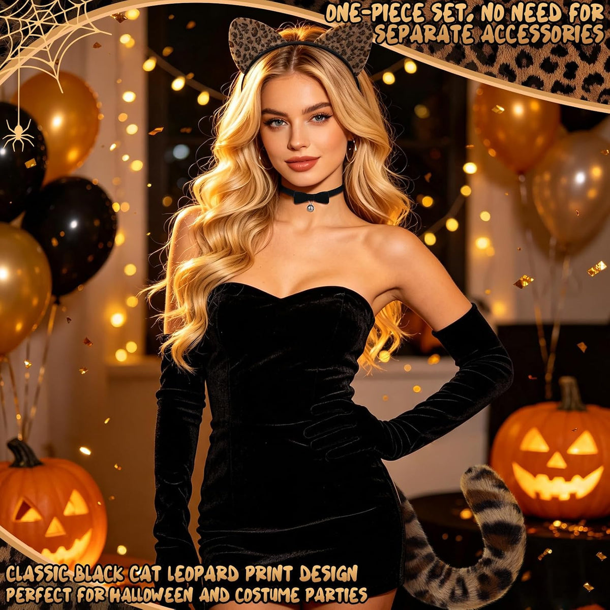 5 Pcs Cheetah Costume Set, Leopard Ears and Tail Bow Tie Black Cat Mask Leopard Face Stickers Leopard Costume Accessories for Women Halloween Cosplay Dress Up