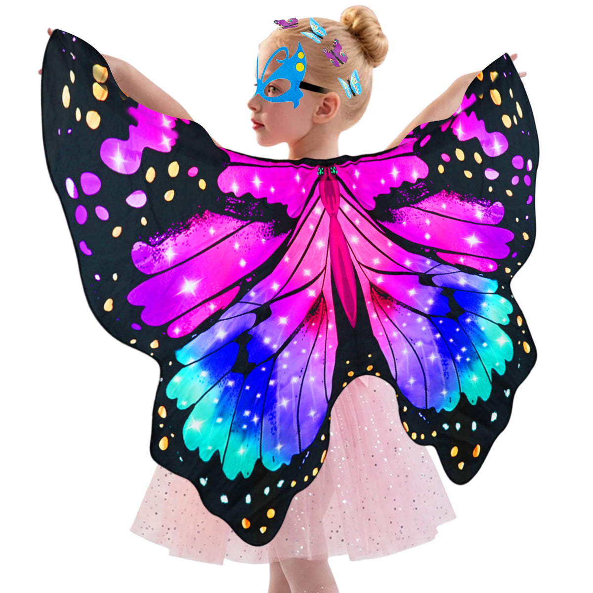 Sunlisky Kids Butterfly Wings Costume for Girls Fairy Wings Dress Up Clothes Headband Mask for Halloween Party Favors