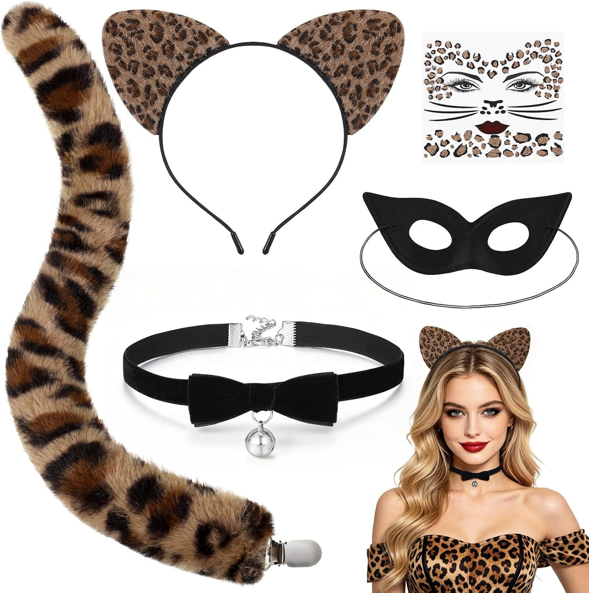 5 Pcs Cheetah Costume Set, Leopard Ears and Tail Bow Tie Black Cat Mask Leopard Face Stickers Leopard Costume Accessories for Women Halloween Cosplay Dress Up