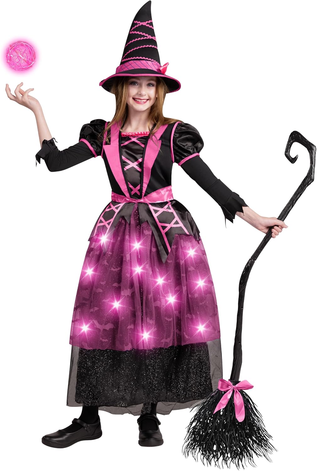 Spooktacular Creations Halloween Witch Costume Kids, Light Up Witch Dress with Hat and Broom for Girls, Toddlers Bat Outfit Set for Halloween Costumes Role Play Parties, Pink (Medium(8-10 yrs))