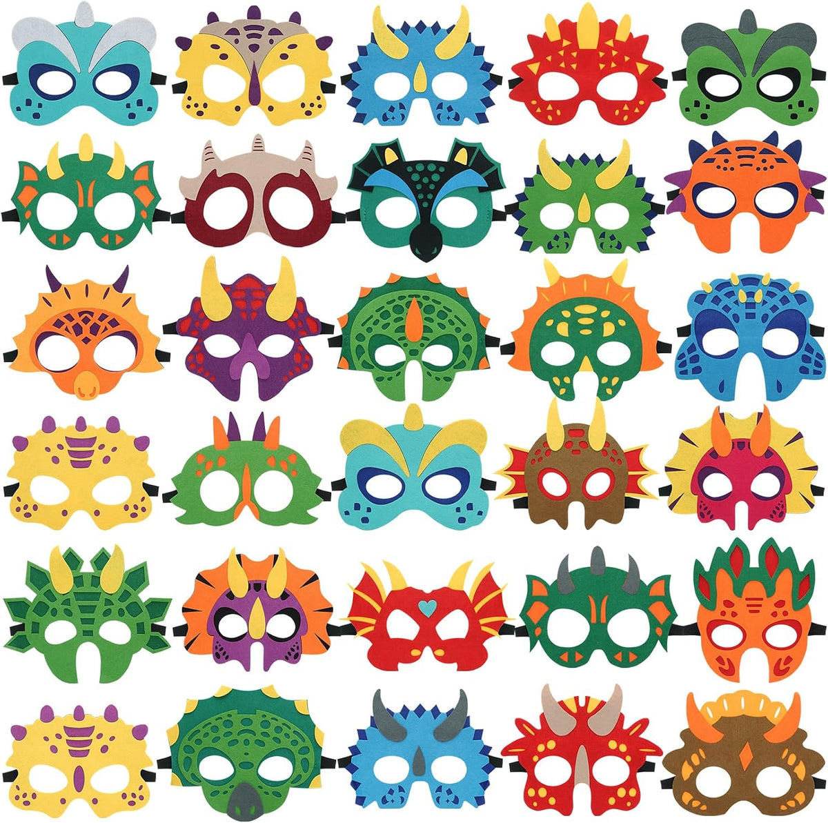 30 Packs Felt Dinosaur Masks for Kids Birthday Party | Dino Masks for Halloween Cosplay Dress Up Decorations