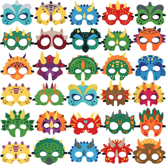 30 Packs Felt Dinosaur Masks for Kids Birthday Party | Dino Masks for Halloween Cosplay Dress Up Decorations