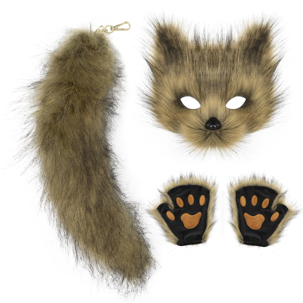 COSYEARS Cat Fox Mask Tail and Paws Gloves Set Furry Animal Therian Kit Masquerade Halloween Costume Accessory