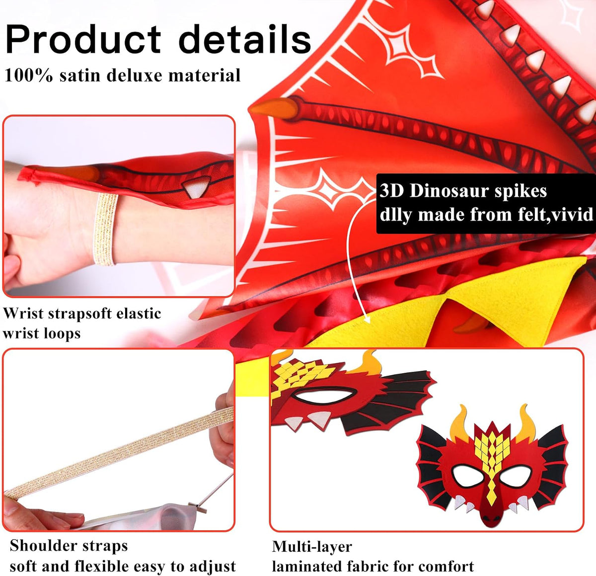D.Q.Z 6 Pcs Dinosaur-Dragon-Wings-Costumes and Masks for Kids 3-8 Dinosaur Party, Girls Boys' Halloween Dress Up Capes for Dino Birthday Party Favors