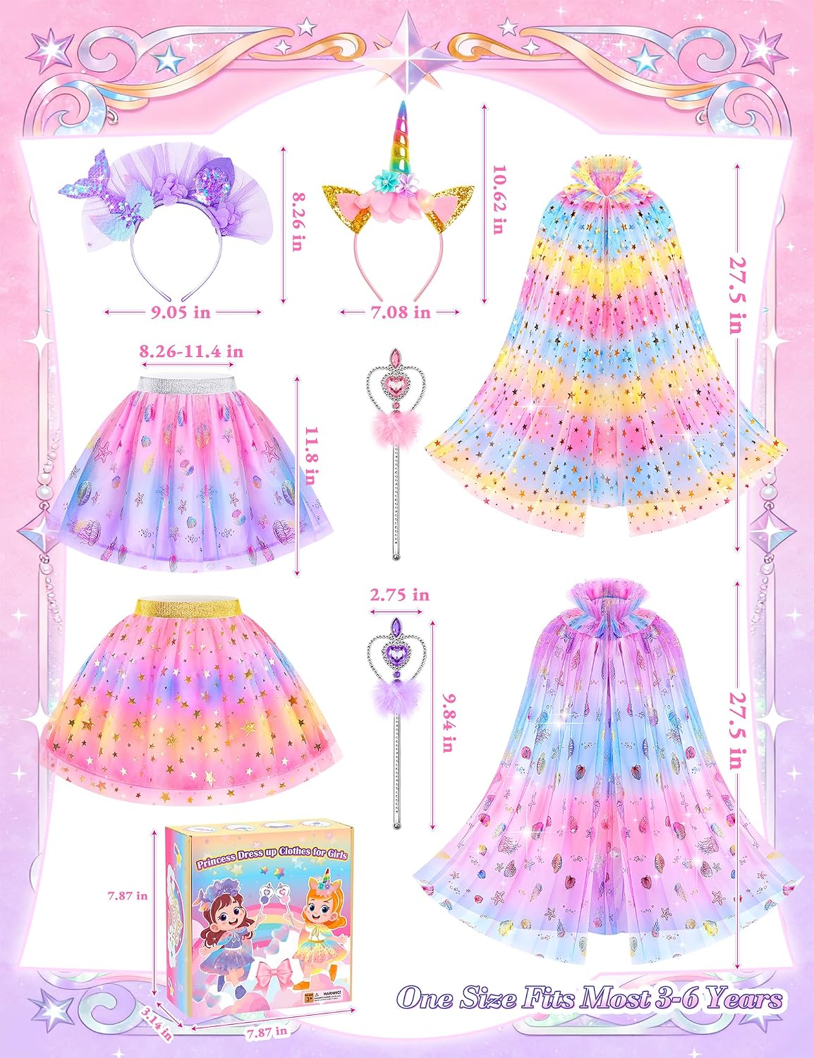 Princess Dress Up Clothes for Little Girls, Kids Princess Capes Tutu Skirts