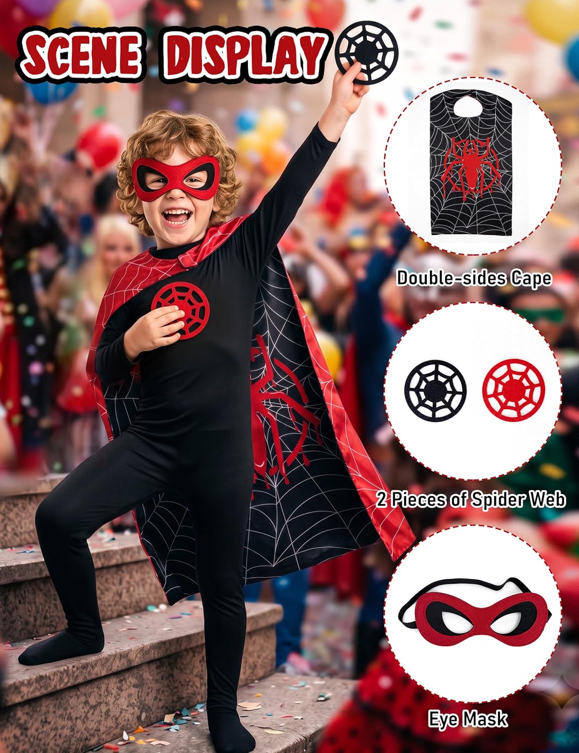 Spider Cape and Mask Halloween Costume, Super Hero Cosplay for Kids Boys