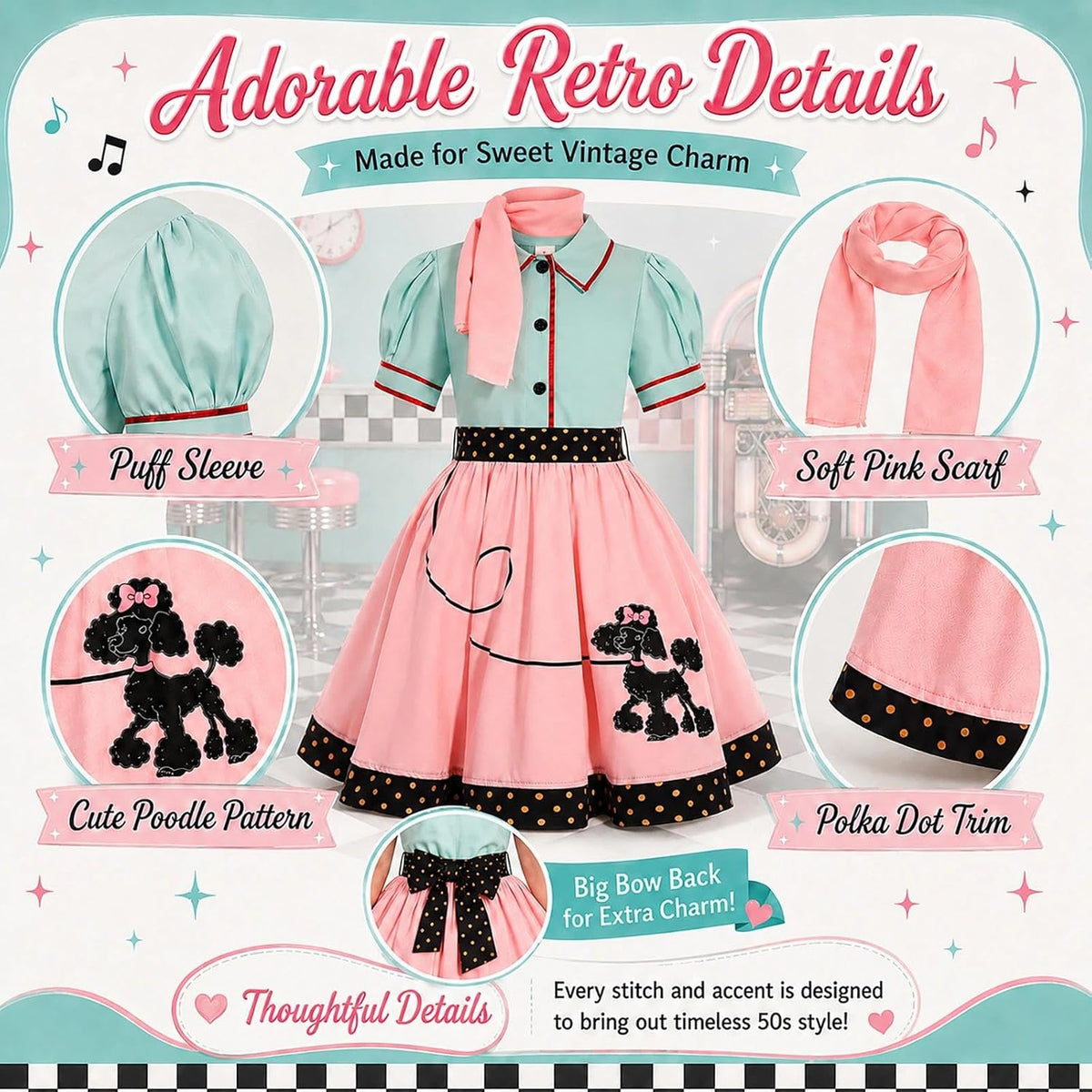 SIZGAROOT 50s Outfit for Girls 50s Costume Girls Poodle Skirt Halloween Party Dress Up