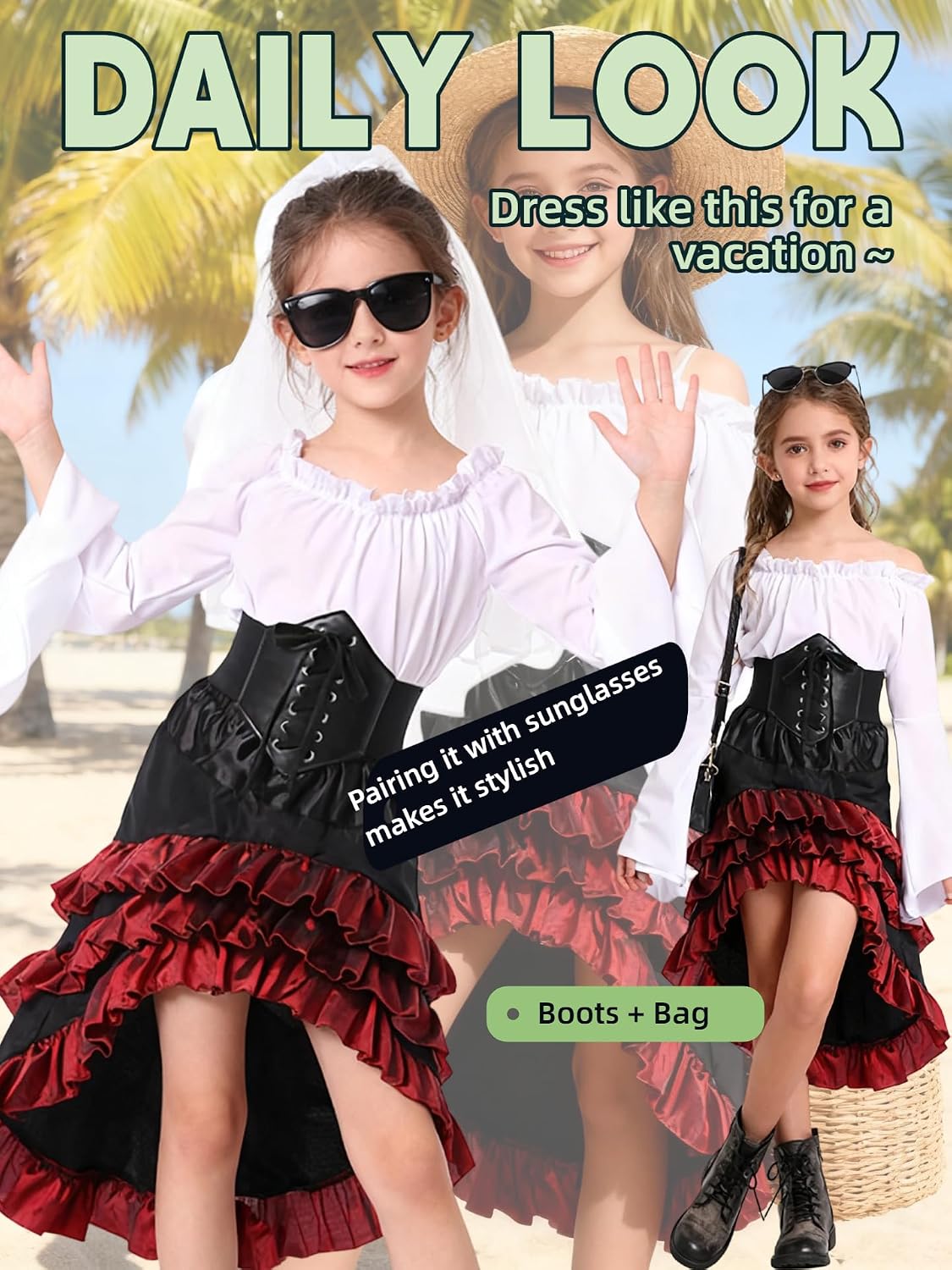 Verceco Kids Pirate Costumes Pirate Dress Up for Girl Fairy Medieval Renaissance Outfits for Girls Waist Belt & Headscarf