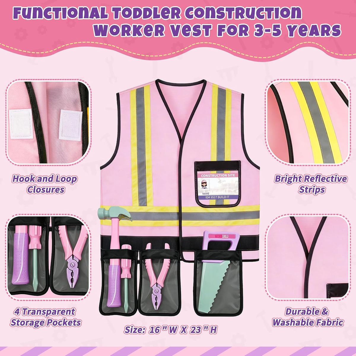 Pink Kids Tool Set with Construction Worker Costume Toys for Girls Age 3-5
