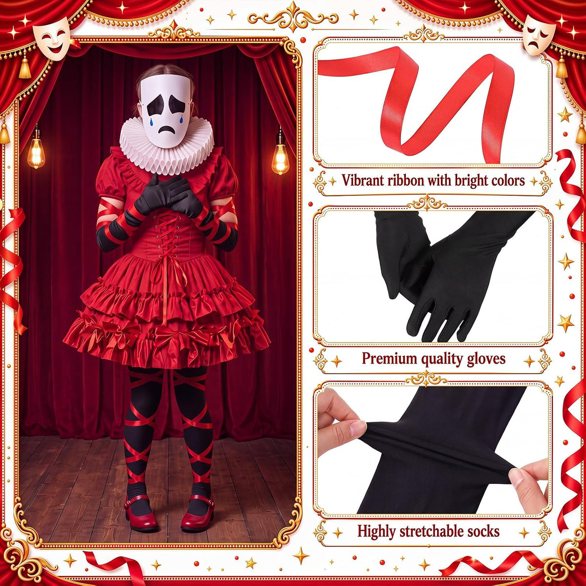 Newcotte 8 Pcs Halloween Red White Black DIY Costume Set