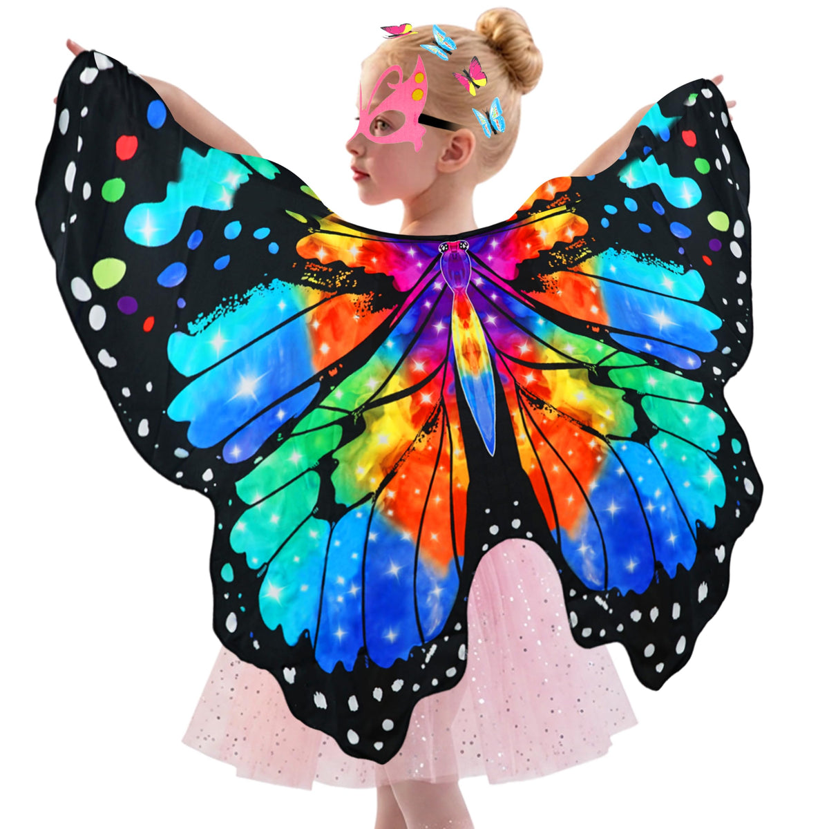 Sunlisky Kids Butterfly Wings Costume for Girls Fairy Wings Dress Up Clothes Headband Mask for Halloween Party Favors