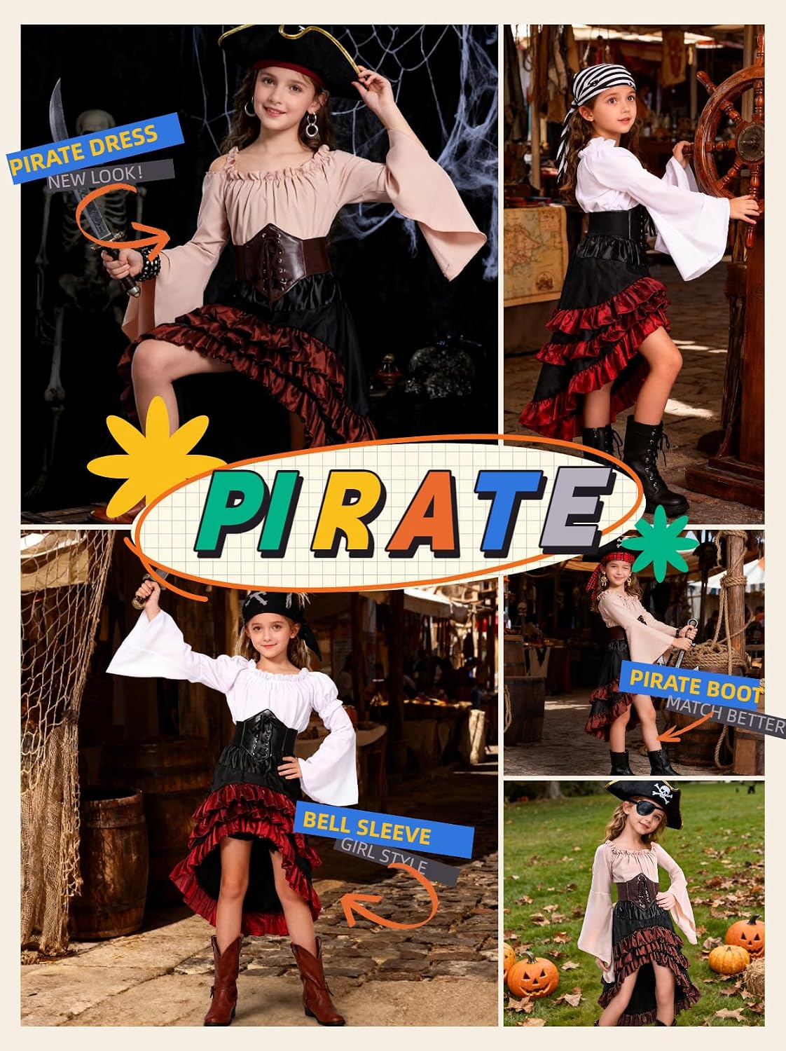 Verceco Kids Pirate Costumes Pirate Dress Up for Girl Fairy Medieval Renaissance Outfits for Girls Waist Belt & Headscarf