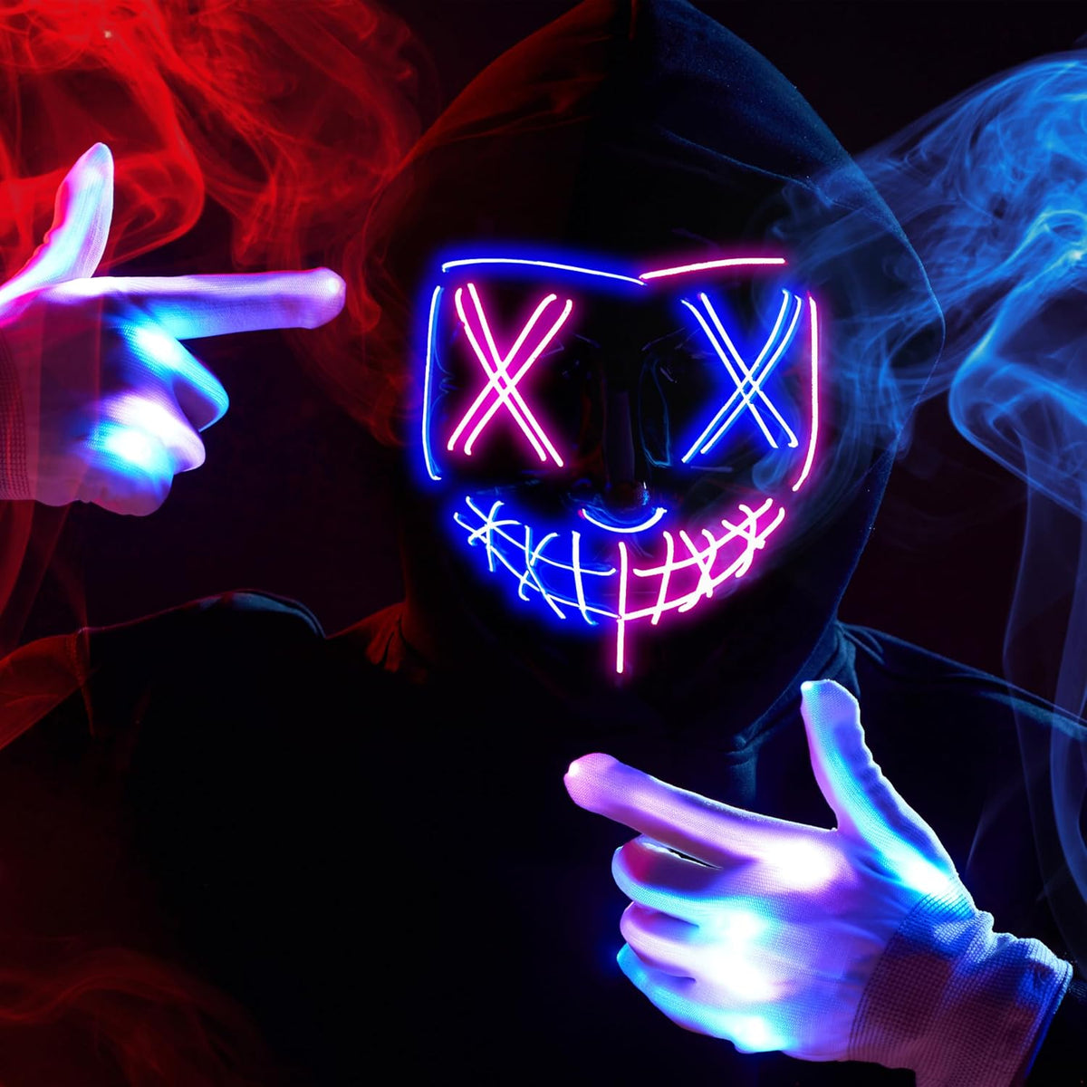 JOYIN Halloween Led Mask, Light Up Mask and Gloves for Cosplay Costume (Pink & Blue), 3 Modes Scary Glow in The Dark Masks for Halloween Party Dress Up Accessories, Gifts Giving