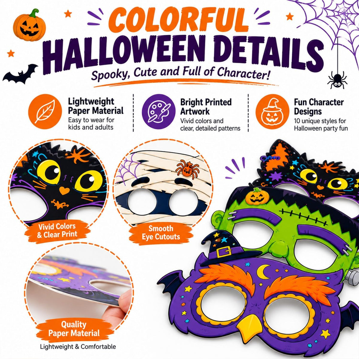 Halloween Masks for 10 Pack, Assorted Costume Eye Masks with Cat, Pumpkin, Halloween Masks, Halloween Party Favors, Classroom Prizes and Dress Up Accessories