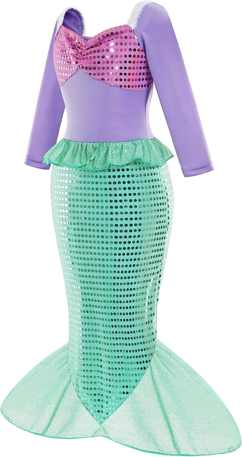 Mermaid Dress for Girls with Red Wig, Mermaid Tail Dress Up for Age 3-8