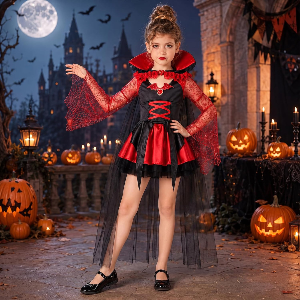 Latocos Halloween Vampire Costume for Girls, Gothic Vampire Dress with Cape