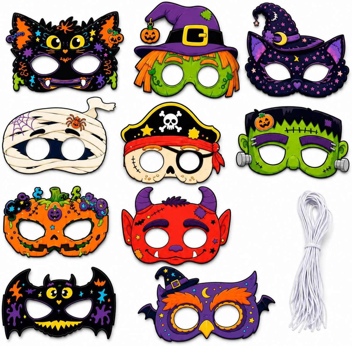 Halloween Masks for 10 Pack, Assorted Costume Eye Masks with Cat, Pumpkin, Halloween Masks, Halloween Party Favors, Classroom Prizes and Dress Up Accessories