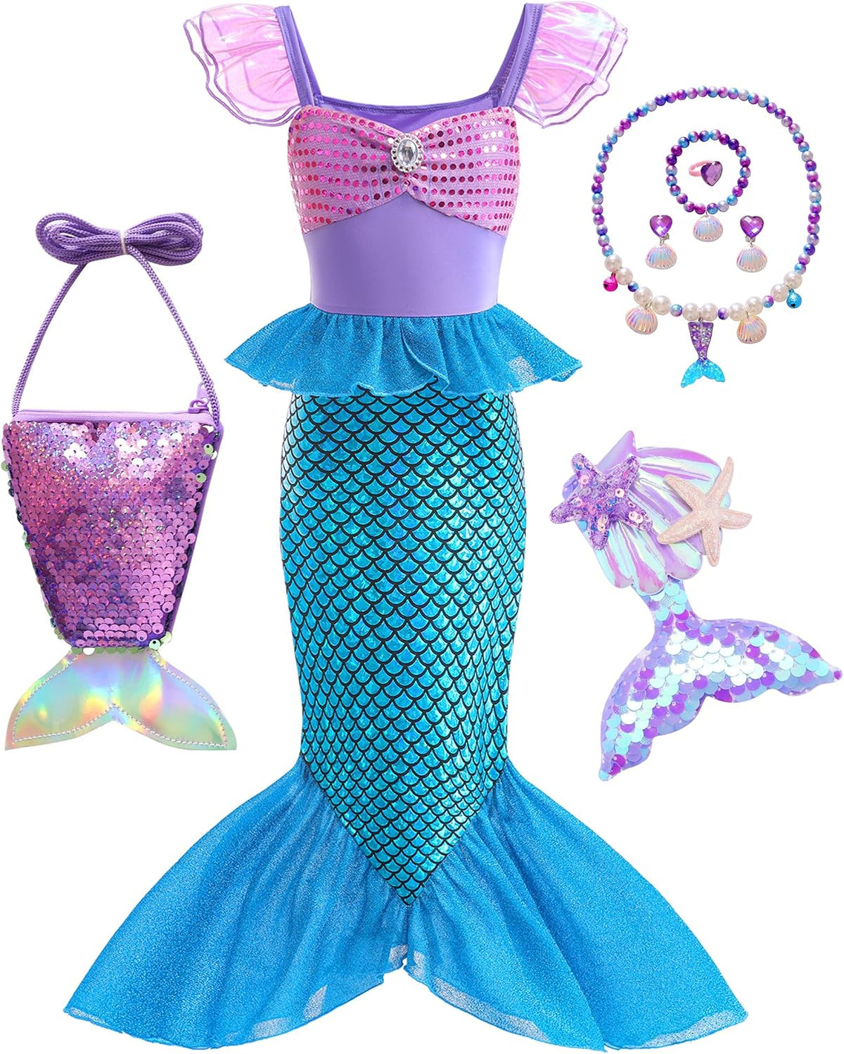 BanKids Princess Little Mermaid Costume Ariel Dress for Grils Birthday Party Halloween Cosplay Costumes 3-10Years