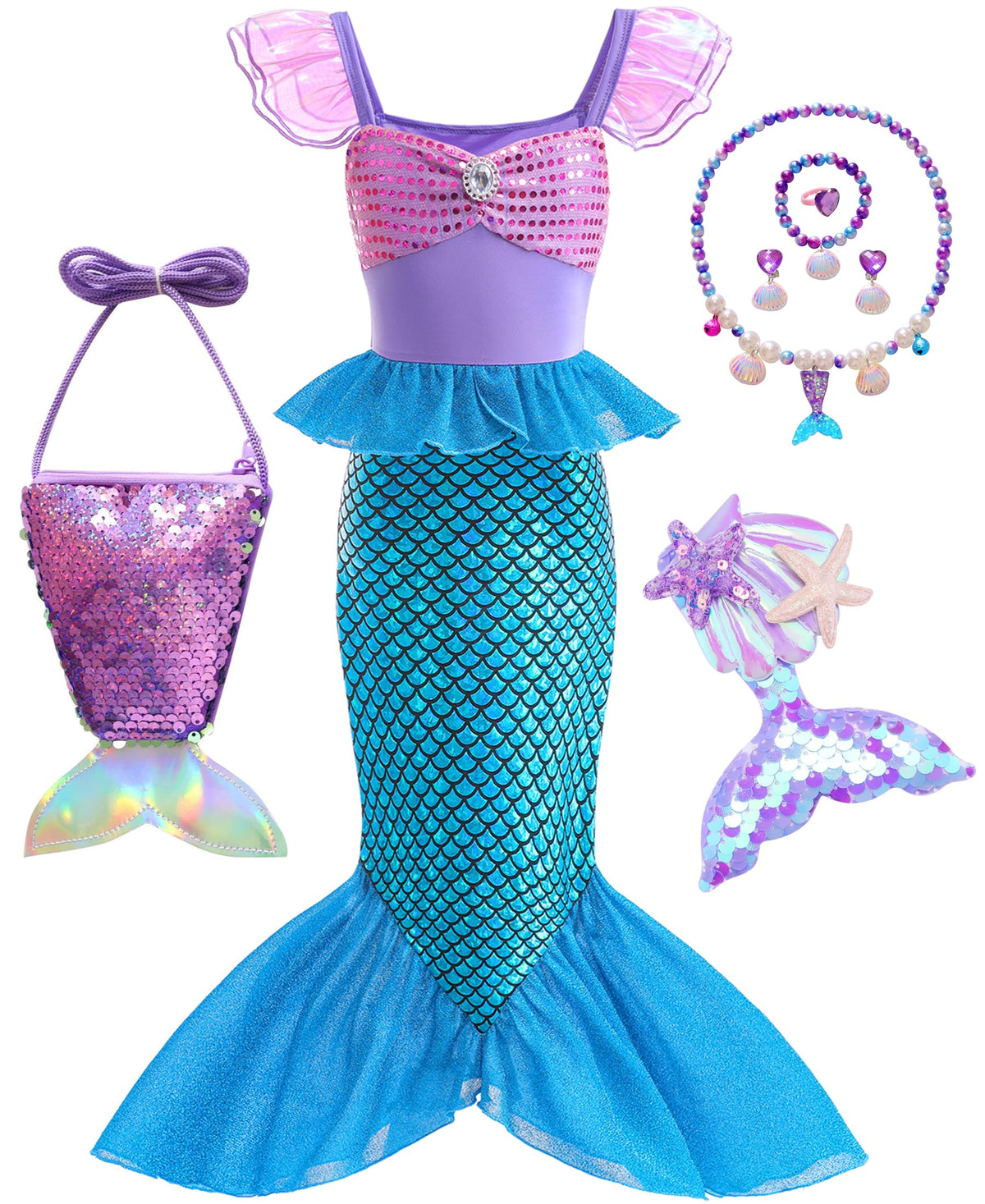 BanKids Princess Little Mermaid Costume Ariel Dress for Grils Birthday Party Halloween Cosplay Costumes 3-10Years