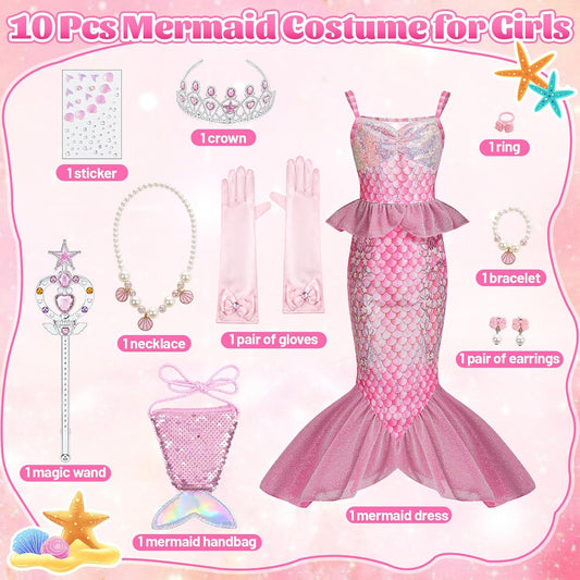 10Pcs Little Mermaid Dress‑Up Costume for Girls, Sparkly Mermaid Tail Dress with Mini Purse Jewelries Face Stickers Crown Wand & Gloves Princess Outfit Birthday & Halloween Cosplay Gift for Kids 3‑12
