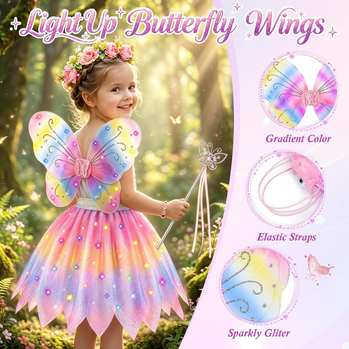 VGOFUN 6 Pcs Fairy Costume for Girls, Light up Butterfly Costume for Girls