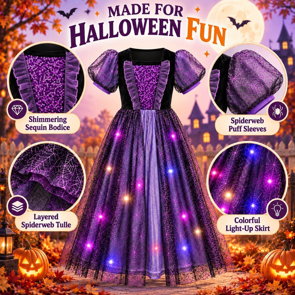 Meland Witch Costume for Girls, Light up Halloween Costumes Aged 3-10