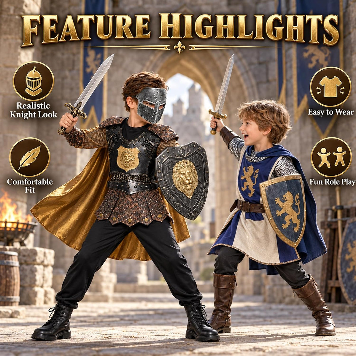 Kids Boys Knight Costume Cosplay, Gladiator Medieval Outfits with Roman Soldier Mask shield, Halloween Party Dress Up