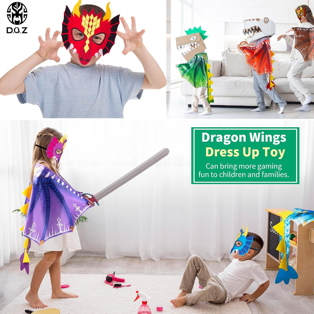 D.Q.Z 6 Pcs Dinosaur-Dragon-Wings-Costumes and Masks for Kids 3-8 Dinosaur Party, Girls Boys' Halloween Dress Up Capes for Dino Birthday Party Favors