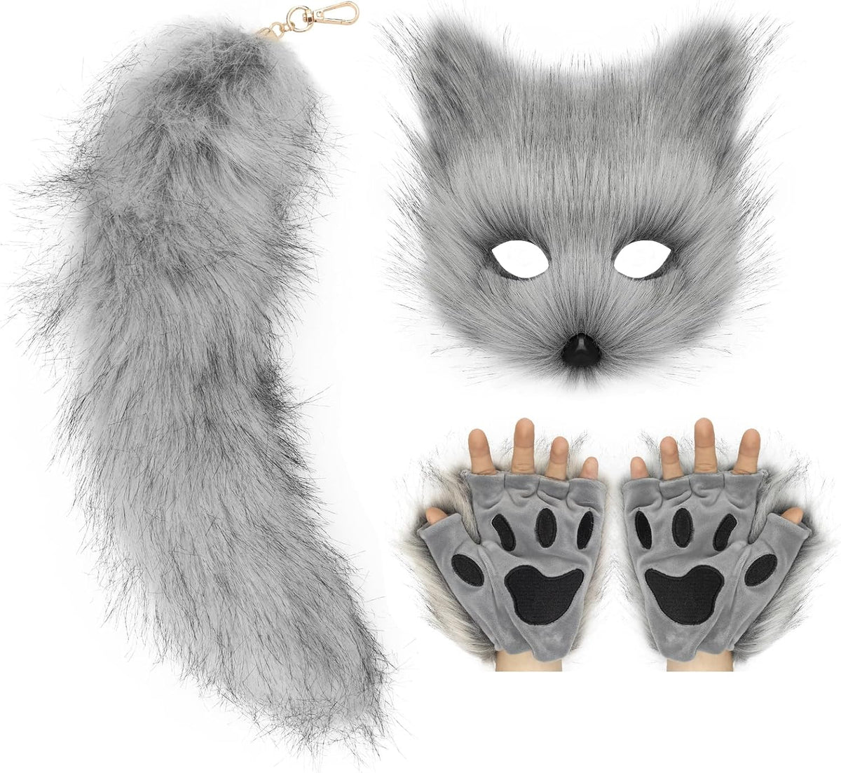 COSYEARS Cat Fox Mask Tail and Paws Gloves Set Furry Animal Therian Kit Masquerade Halloween Costume Accessory