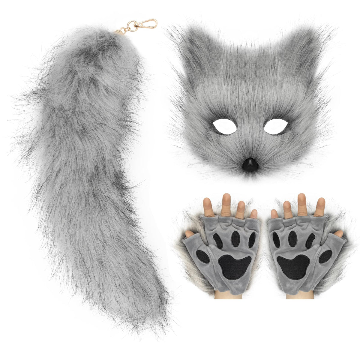 COSYEARS Cat Fox Mask Tail and Paws Gloves Set Furry Animal Therian Kit Masquerade Halloween Costume Accessory