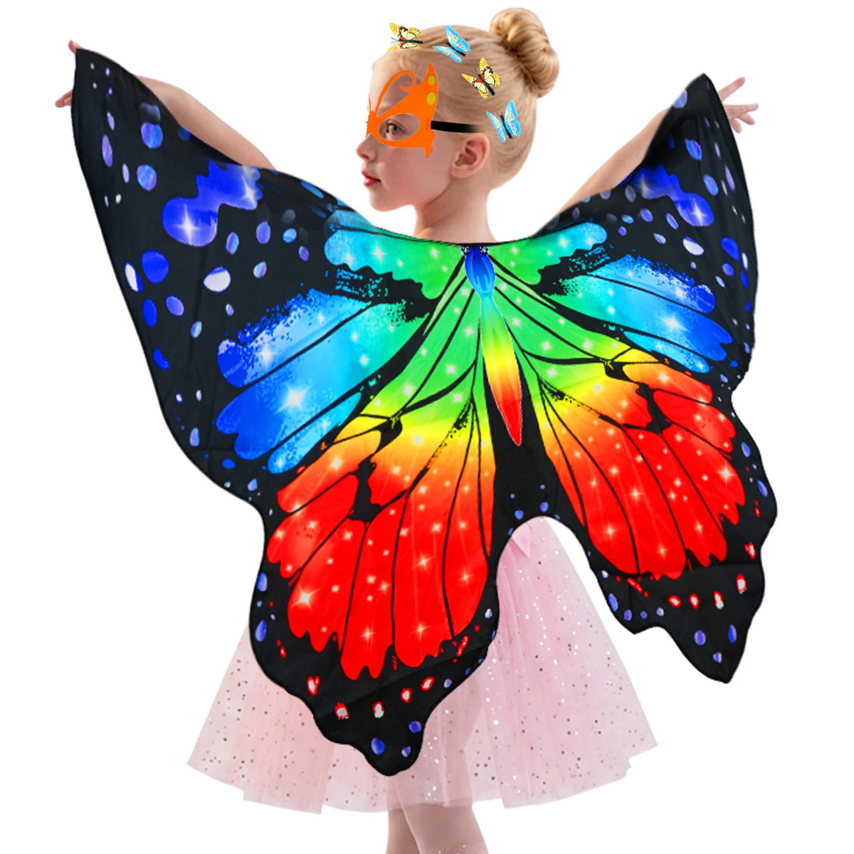 Sunlisky Kids Butterfly Wings Costume for Girls Fairy Wings Dress Up Clothes Headband Mask for Halloween Party Favors