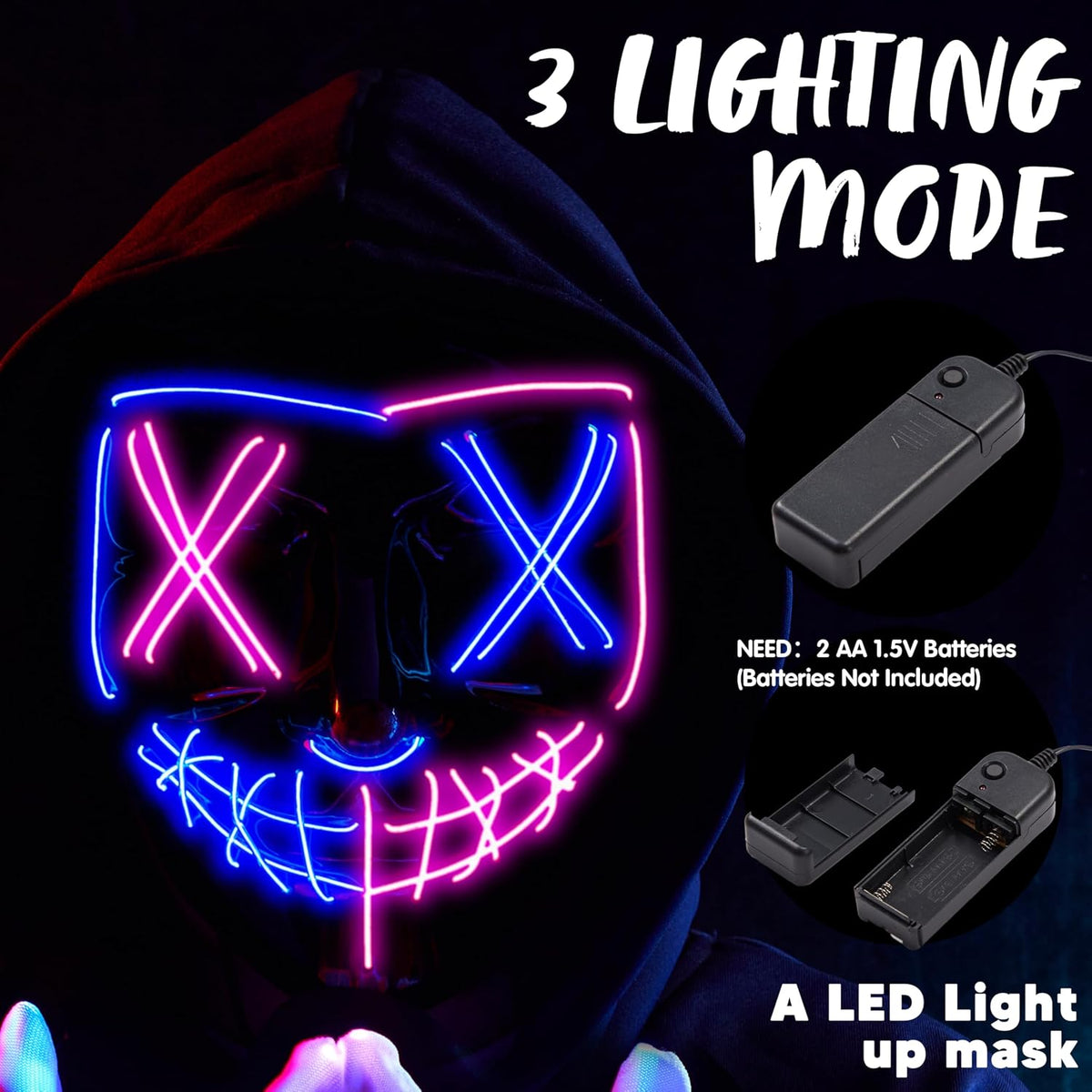 JOYIN Halloween Led Mask, Light Up Mask and Gloves for Cosplay Costume (Pink & Blue), 3 Modes Scary Glow in The Dark Masks for Halloween Party Dress Up Accessories, Gifts Giving