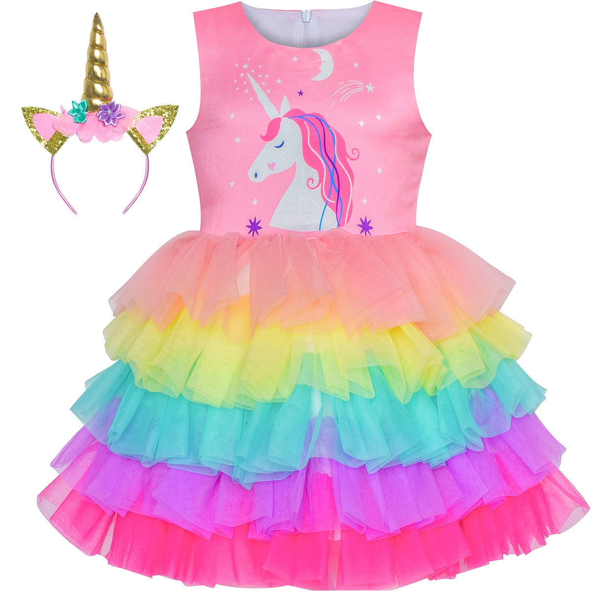 Sunny Fashion Girls Dress Unicorn Rainbow Tulle Unicorn Headband Party Size 4-10