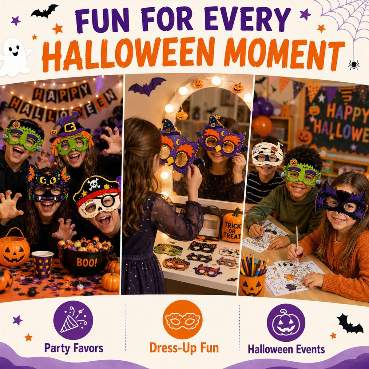 Halloween Masks for 10 Pack, Assorted Costume Eye Masks with Cat, Pumpkin, Halloween Masks, Halloween Party Favors, Classroom Prizes and Dress Up Accessories