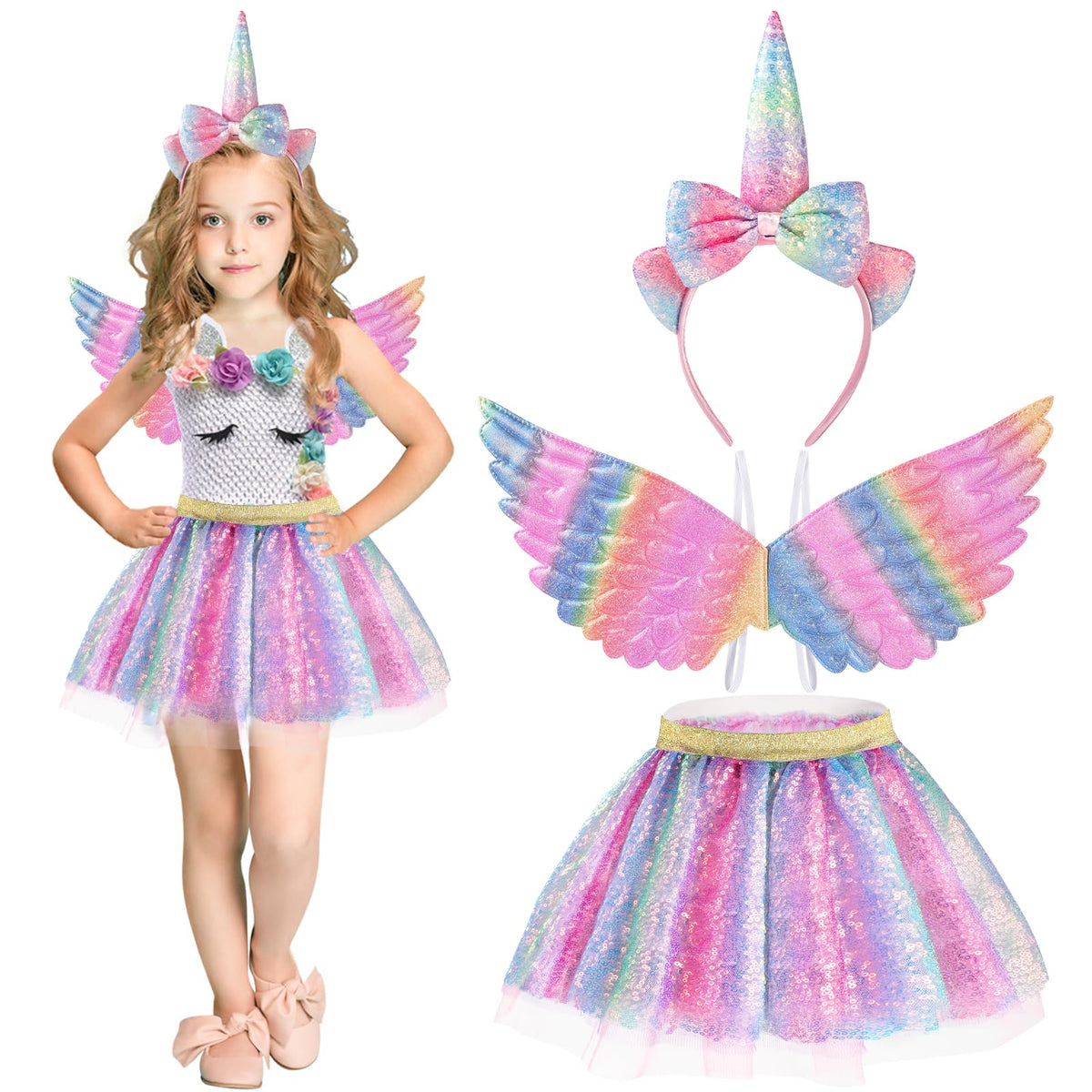 Hifot Unicorn Costumes for Girl, Unicorn Birthday Tutu Dress with Unicorn Wings Headband for Christmas Gifts Party Outfit