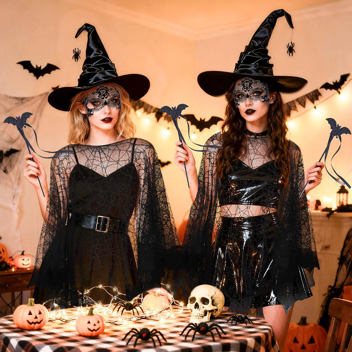 LaVenty Halloween Witch Dress Up Cobweb Cape Witch Magic Hat